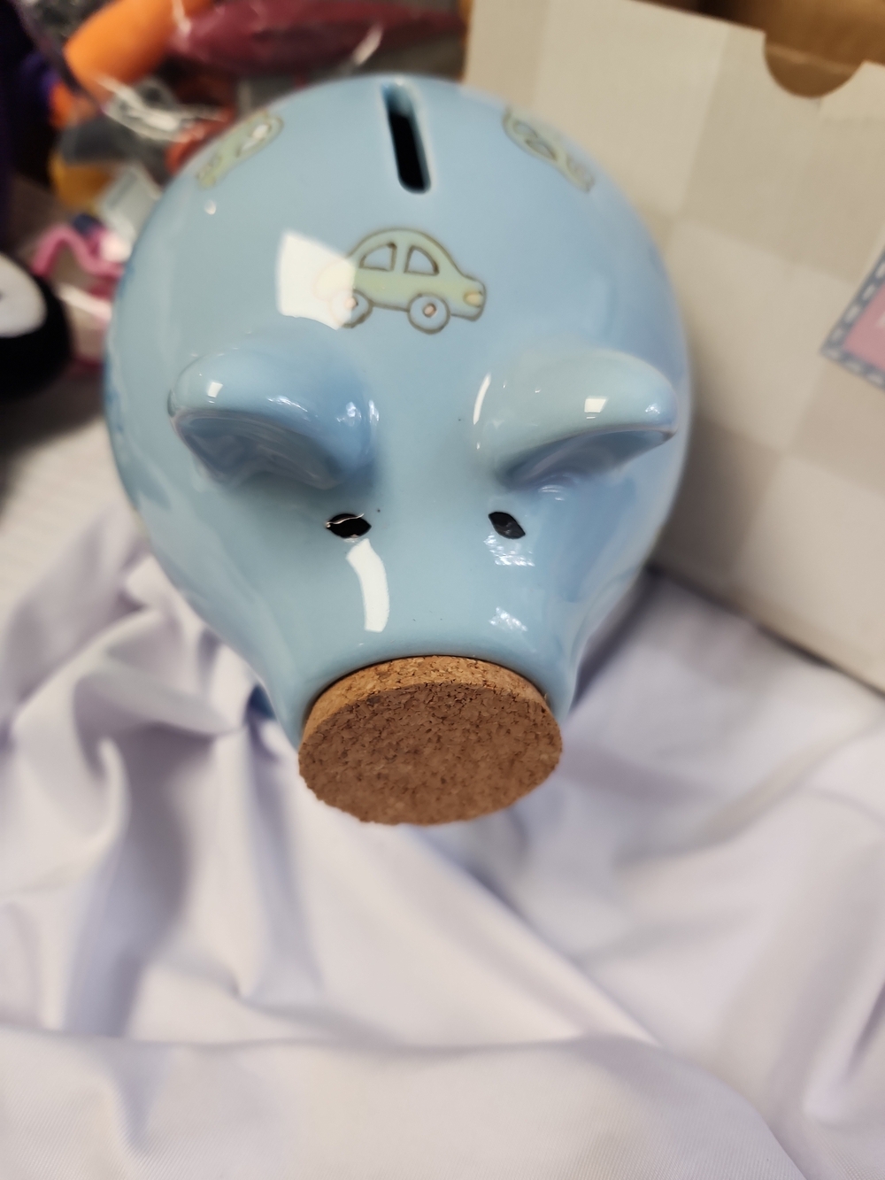 Russ Light Blue Ceramic Piggy Bank with Car Motif NIB